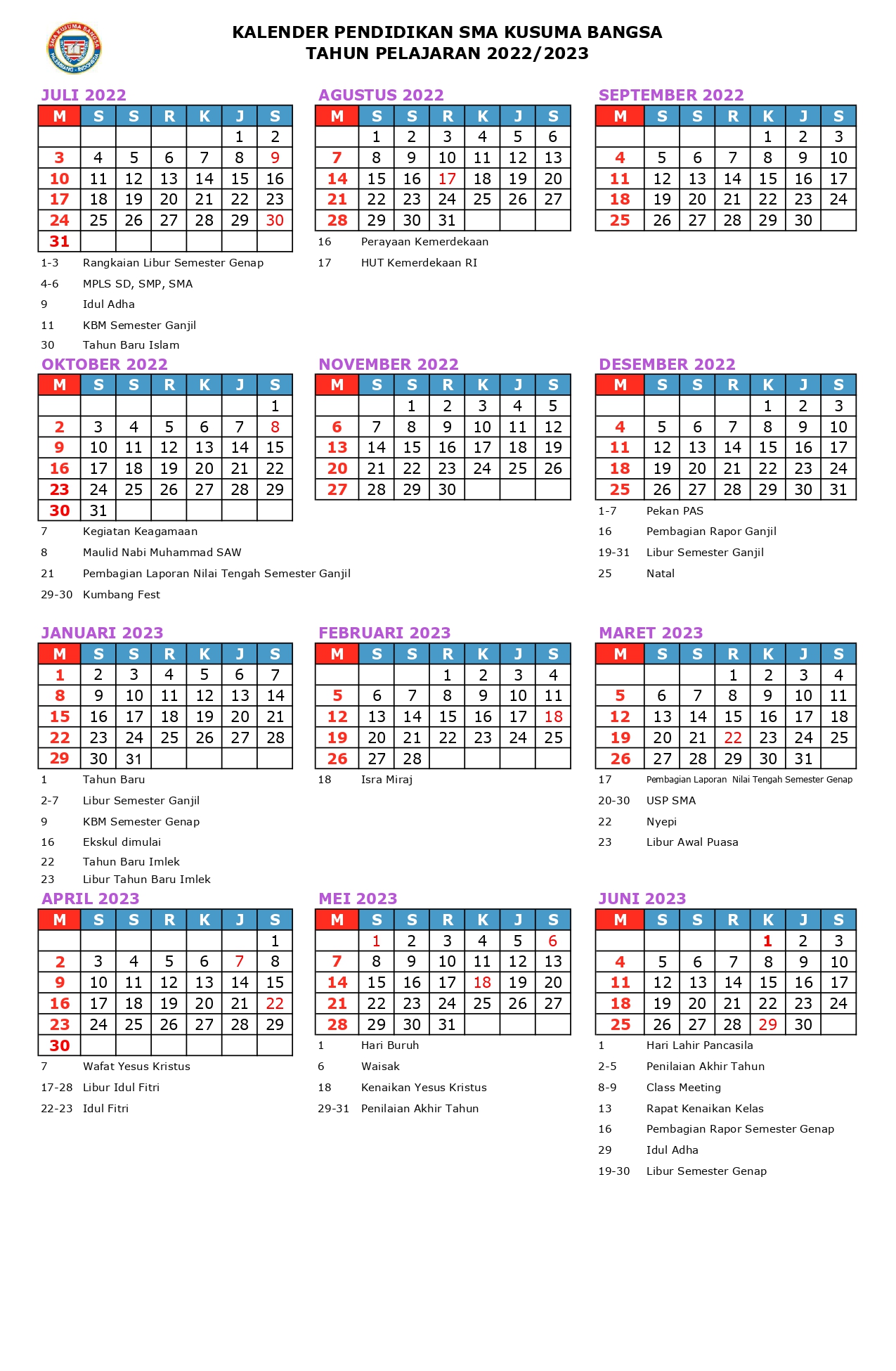 Academic Calendar – Sekolah Kusuma Bangsa